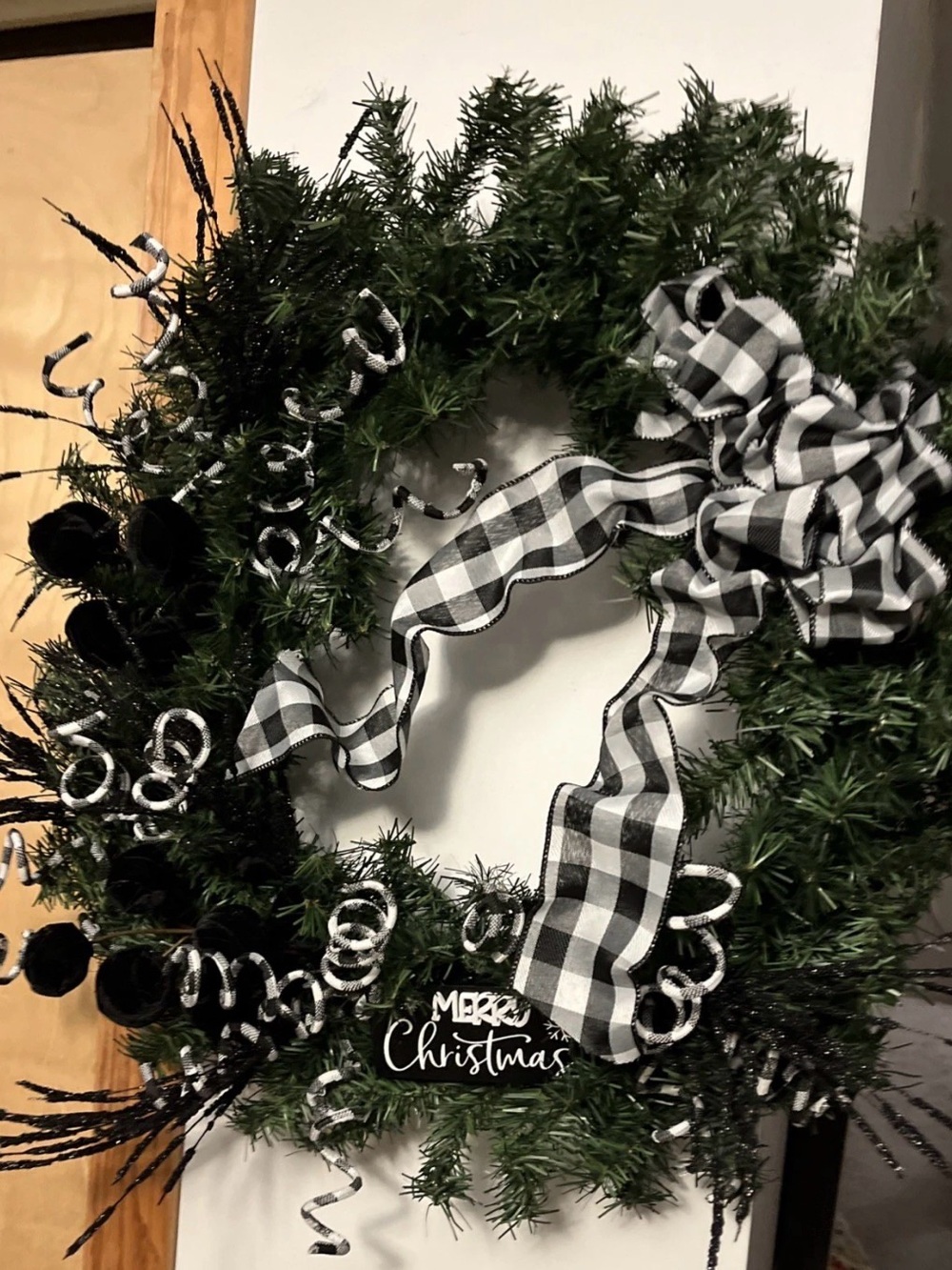 Hand Crafted Black & White Buffalo Check Christmas Wreath